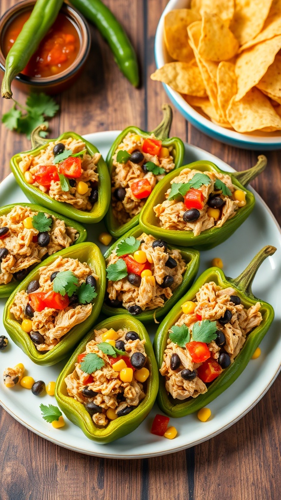 Stuffed poblano peppers filled with chicken, black beans, and cheese, garnished with cilantro on a rustic table.